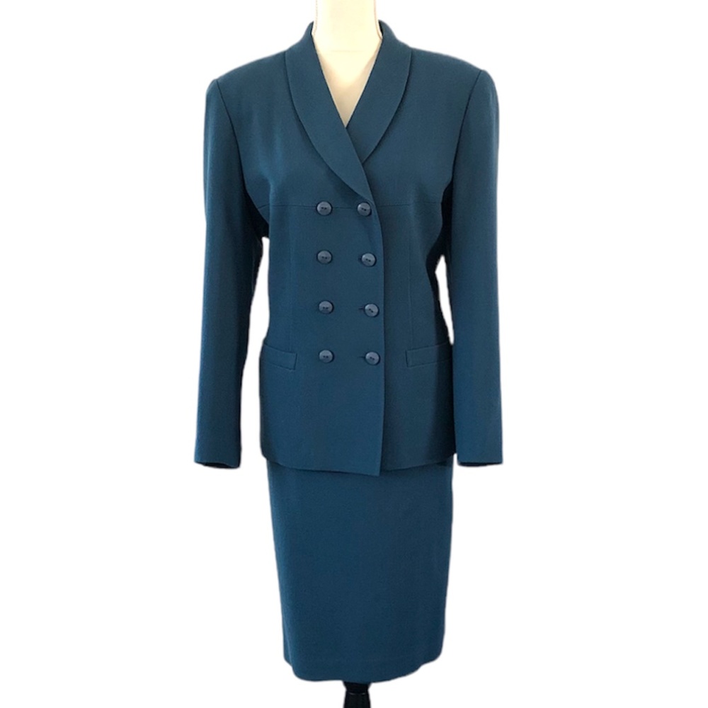 Kasper Vintage Y2K Teal Blue Long Sleeve Double Breasted Wool Skirt Suit Size 14